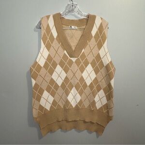 Beyove Women’s Large Oversized Argyle Sweater Vest Tan White Long Sweater Soft